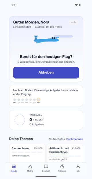 Der Startbildschirm der App: Begrüssung, der heutige Flug und die Themen