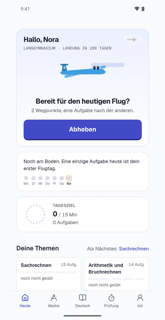 Der Startbildschirm der App: Begrüssung, der heutige Flug und die Themen