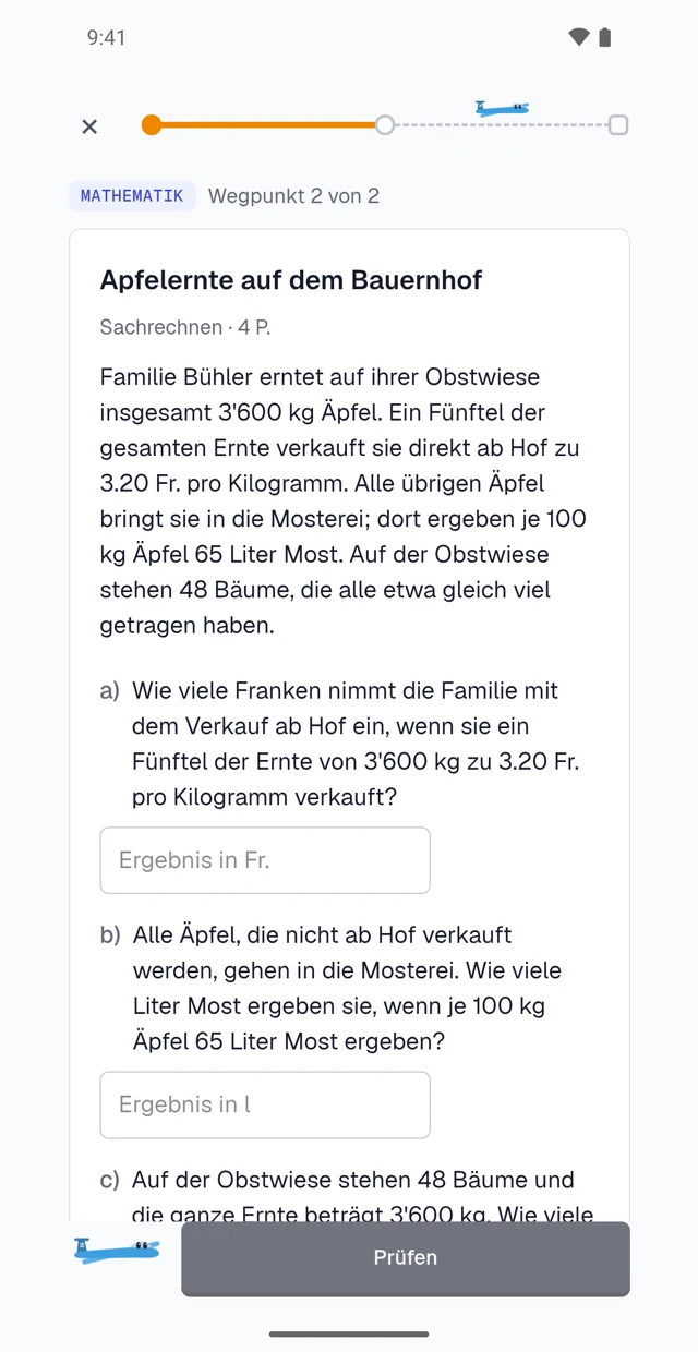 Eine Mathematikaufgabe mit drei Teilaufgaben und Eingabefeldern