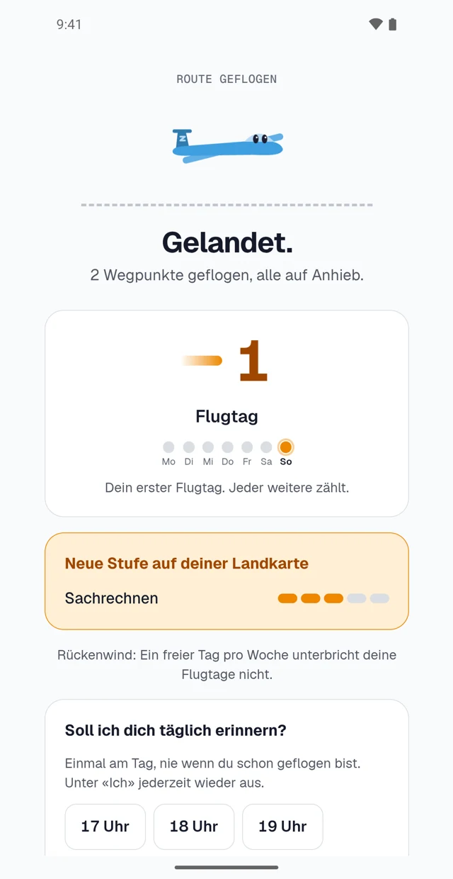 Der Abschluss einer Übungsrunde mit Fortschrittsanzeige