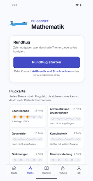Die Themenübersicht der App mit einer Fortschrittsanzeige je Thema